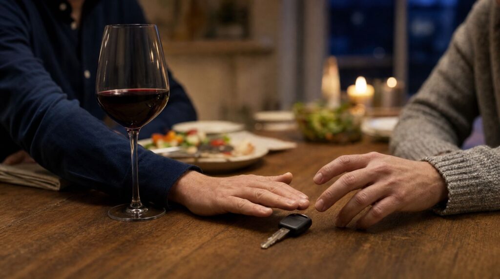 Hand pushes car keys across the table to another person after a glass of wine