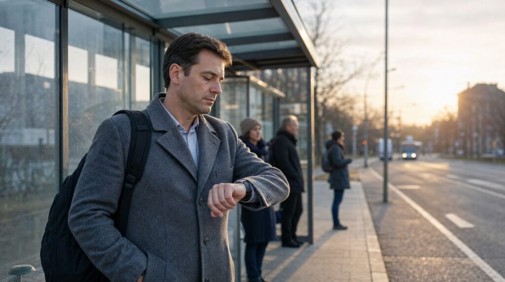 Man waiting at a bus stop in the morning and looking at his watch
