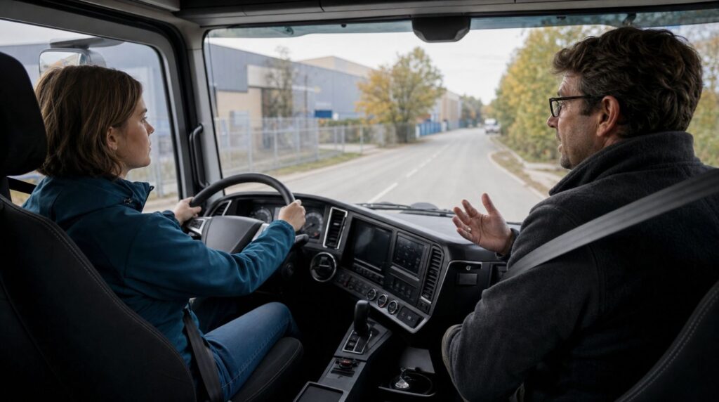 Une jeune femme conduit un camion, attachée, à côté d'elle le moniteur d'auto-école explique