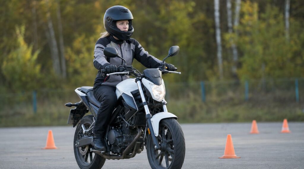Jeune femme en équipement de protection complet conduisant une moto légère sur un terrain d'exercice