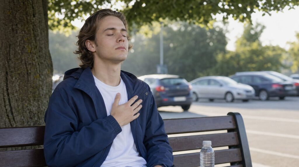 Un jeune homme assis sur un banc avant son examen de conduite fait un exercice de respiration les yeux fermés