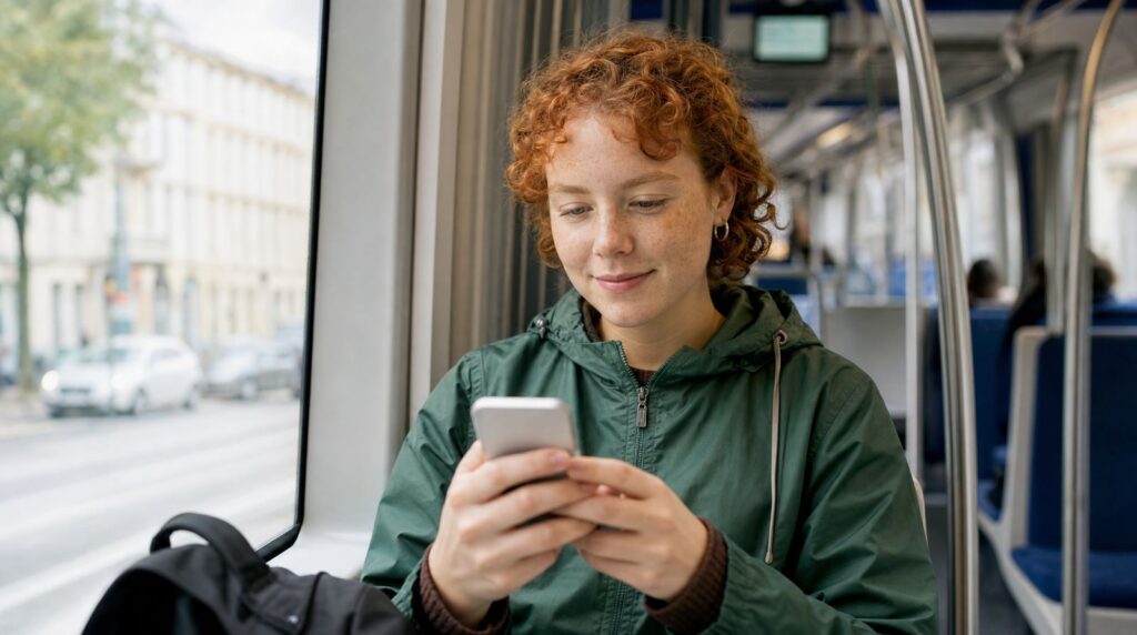 O tânără cu bucle roșii învață pentru examenul teoretic pe smartphone, în tren