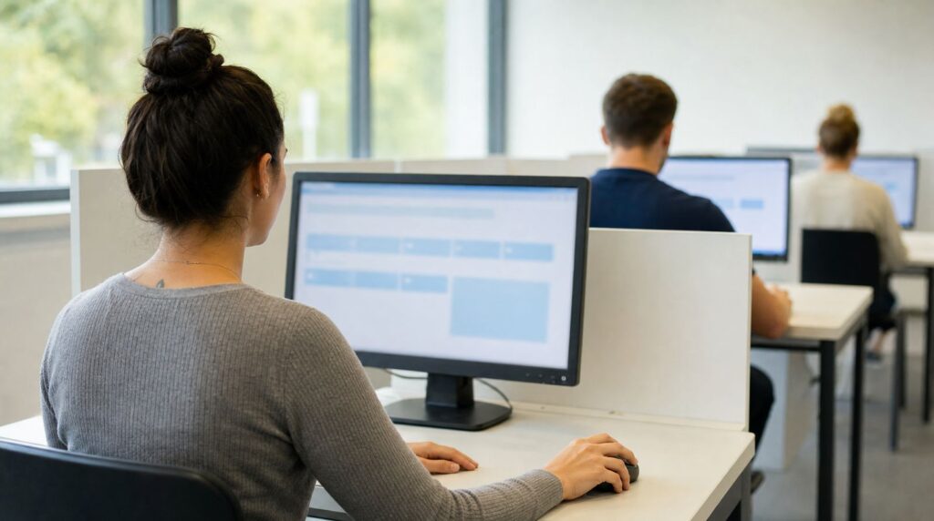 O elevă la școala de șoferi susține examenul teoretic la un computer dintr-o sală de examinare
