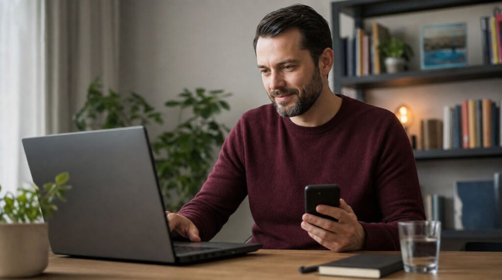 Un bărbat își face o programare de pe laptop prin portalul de servicii al orașului său