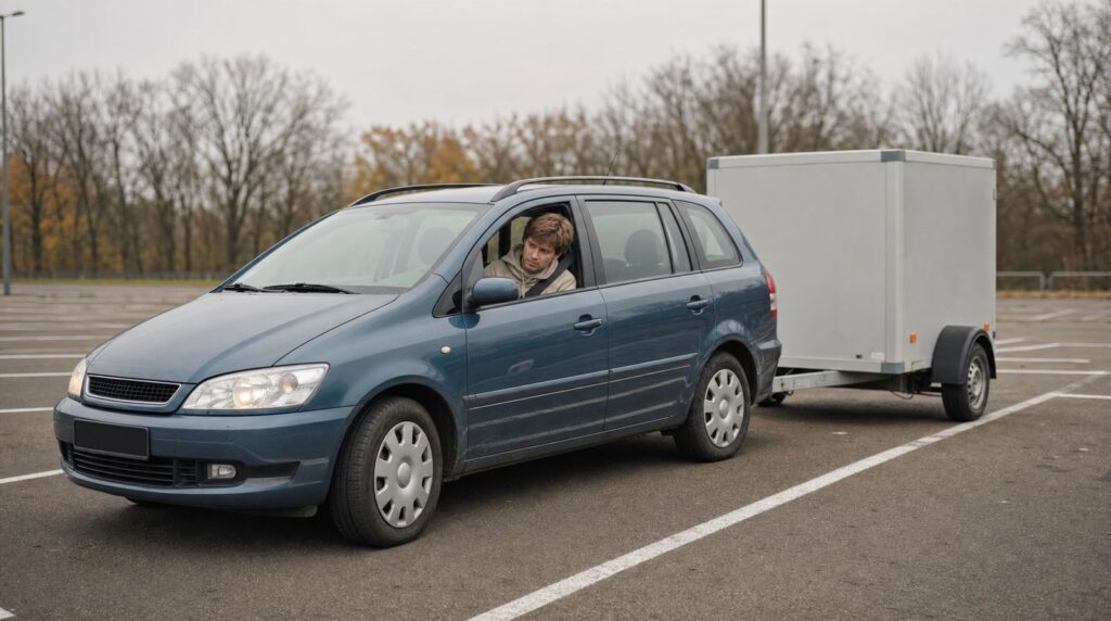Junger Mann übt auf einem leeren Parkplatz das Rangieren mit Auto und Anhänger