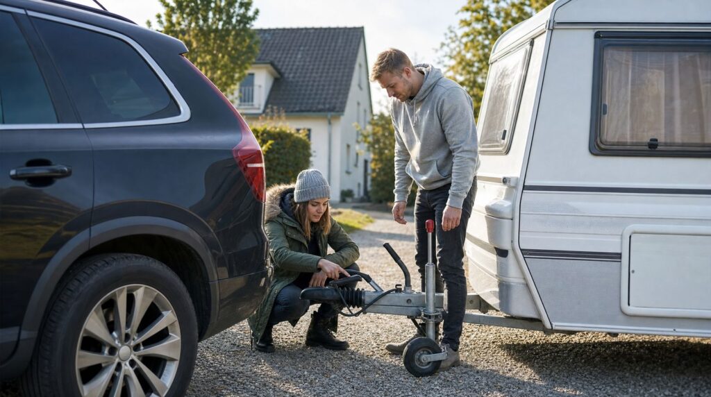 Junges Paar prüft vor der Urlaubsfahrt die Anhängerkupplung zwischen SUV und Wohnwagen