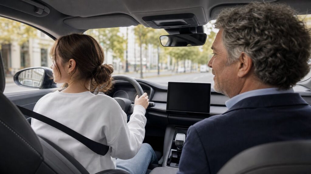 Fahrschülerin fährt in einem Automatikauto durch die Stadt, der Fahrlehrer sitzt daneben