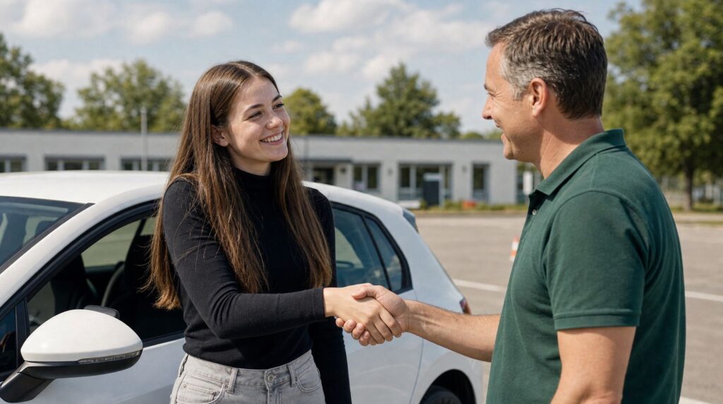 Instructor care felicită o tânără pentru examenul promovat, lângă mașina școlii