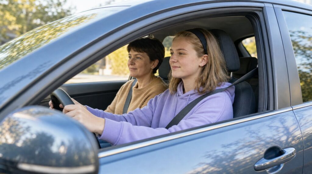 Jugendliche fährt beim Begleiteten Fahren, ihre Mutter sitzt als Begleitperson auf dem Beifahrersitz
