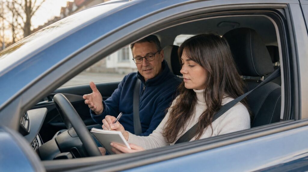 Fahrschülerin notiert nach der Fahrstunde das Feedback ihres Fahrlehrers