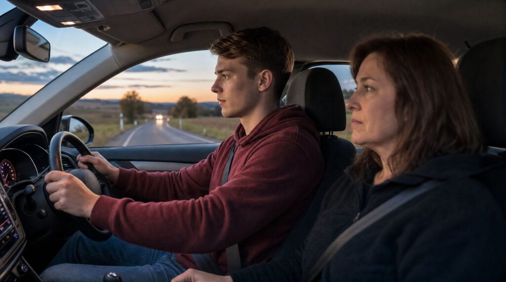 Fahrschüler fährt bei Dämmerung mit seiner Fahrlehrerin auf einer Landstraße