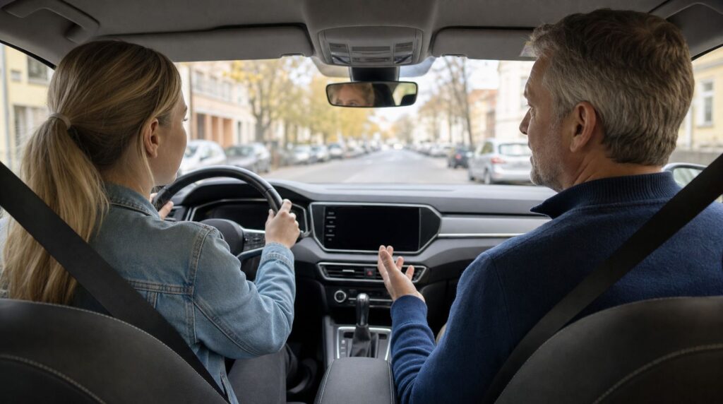 Fahrschülerin fährt mit ihrem Fahrlehrer im Stadtverkehr, beide sind angeschnallt
