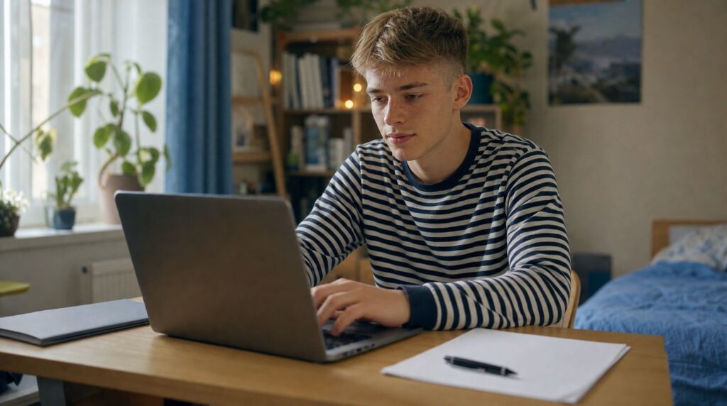 Junger Mann stellt am Schreibtisch mit dem Laptop seinen Führerscheinantrag online