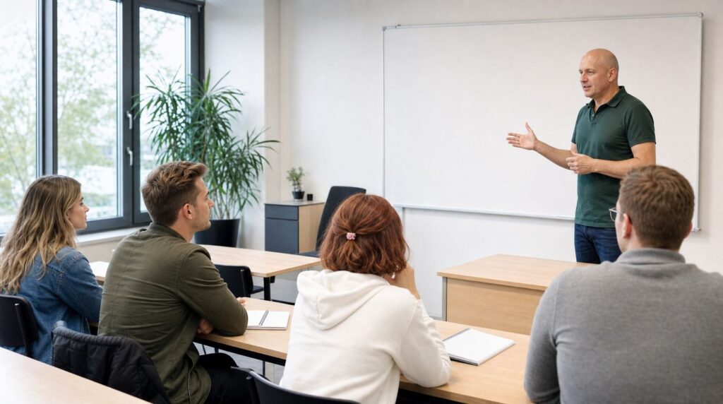 Fahrlehrer erklärt vier jungen Erwachsenen im Unterrichtsraum den Theoriestoff eines Intensivkurses