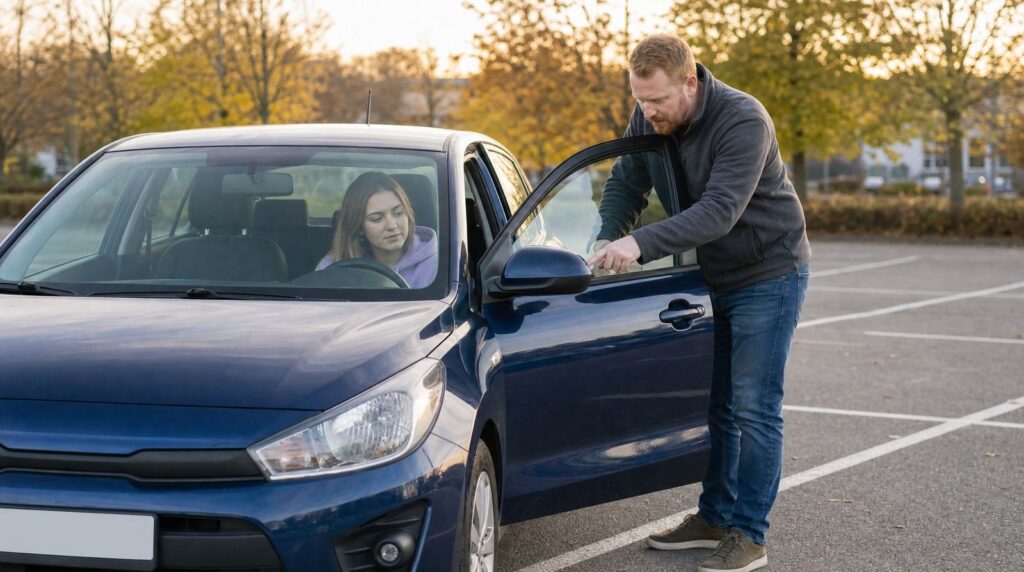 Fahrlehrer zeigt einer Fahrschülerin auf einem leeren Parkplatz einen Anhaltspunkt am Außenspiegel
