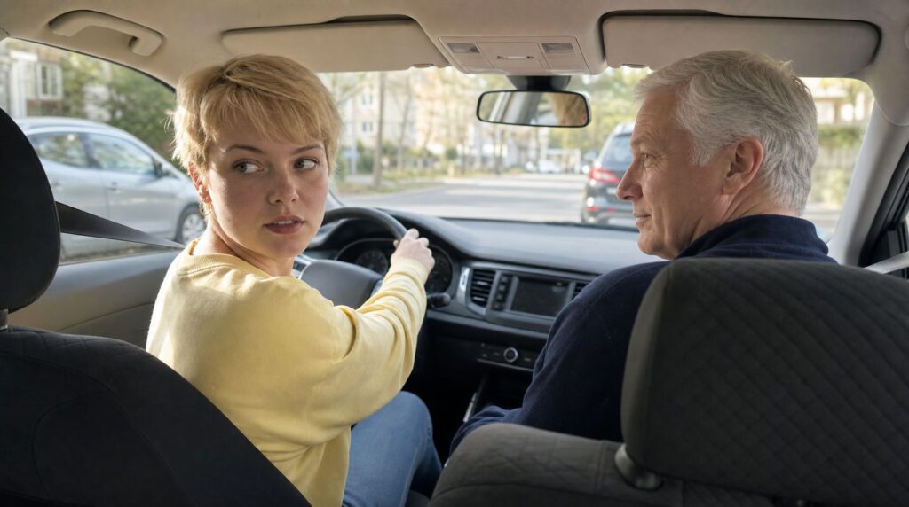 Fahrschülerin blickt beim Rückwärts-Einparken über die Schulter nach hinten, daneben ihr Fahrlehrer