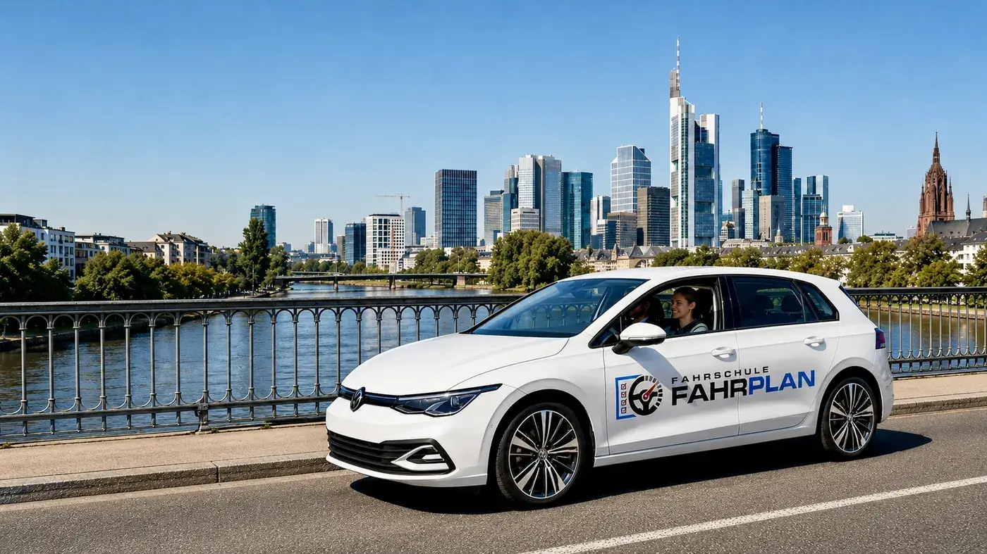 FAHRPLAN Fahrschulfahrzeug vor der Frankfurter Skyline