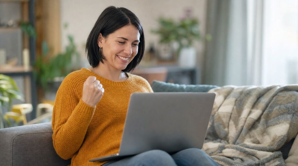 Frau freut sich auf dem Sofa über eine bestandene Prüfungssimulation am Laptop