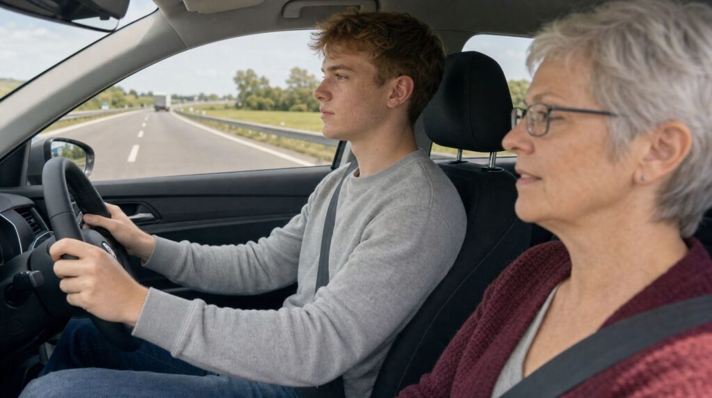 Fahrschüler fährt mit seiner Fahrlehrerin auf der Autobahn, beide angeschnallt