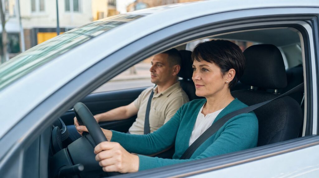 Frau mittleren Alters fährt in der Fahrstunde ein Automatikauto, der Fahrlehrer sitzt daneben