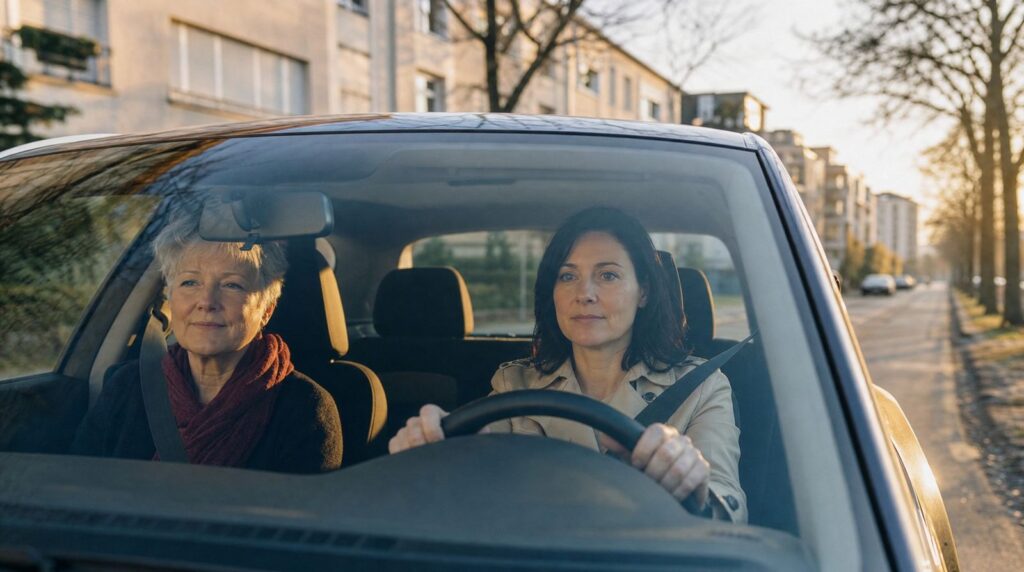 Fahrschülerin fährt frühmorgens mit ihrer Fahrlehrerin durch eine fast leere Straße