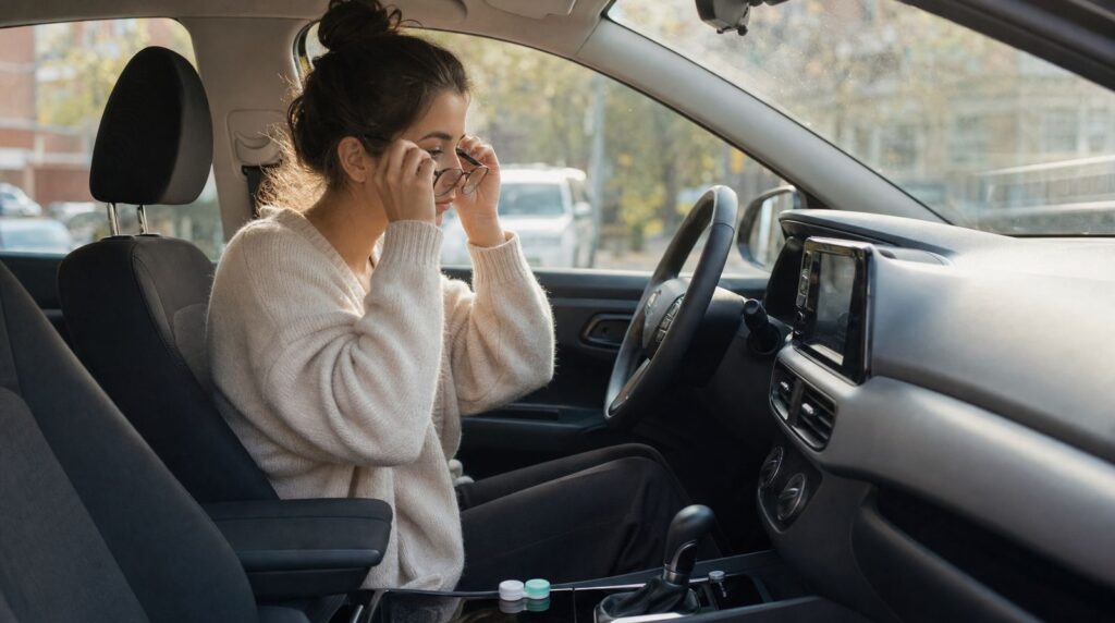 Une automobiliste met ses lunettes avant de partir
