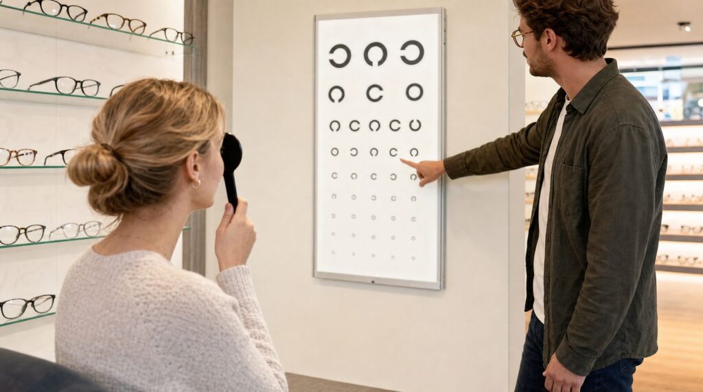 Test de la vue chez l'opticien : Une femme se cache un œil et lit le tableau de mesure de l'acuité visuelle avec des anneaux de Landolt