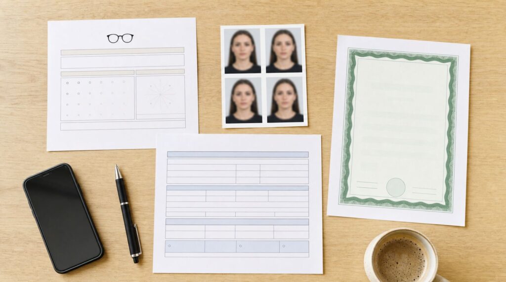 Documents pour la demande de permis de conduire : certificat de test de vision, photos d'identité et attestation de premiers secours