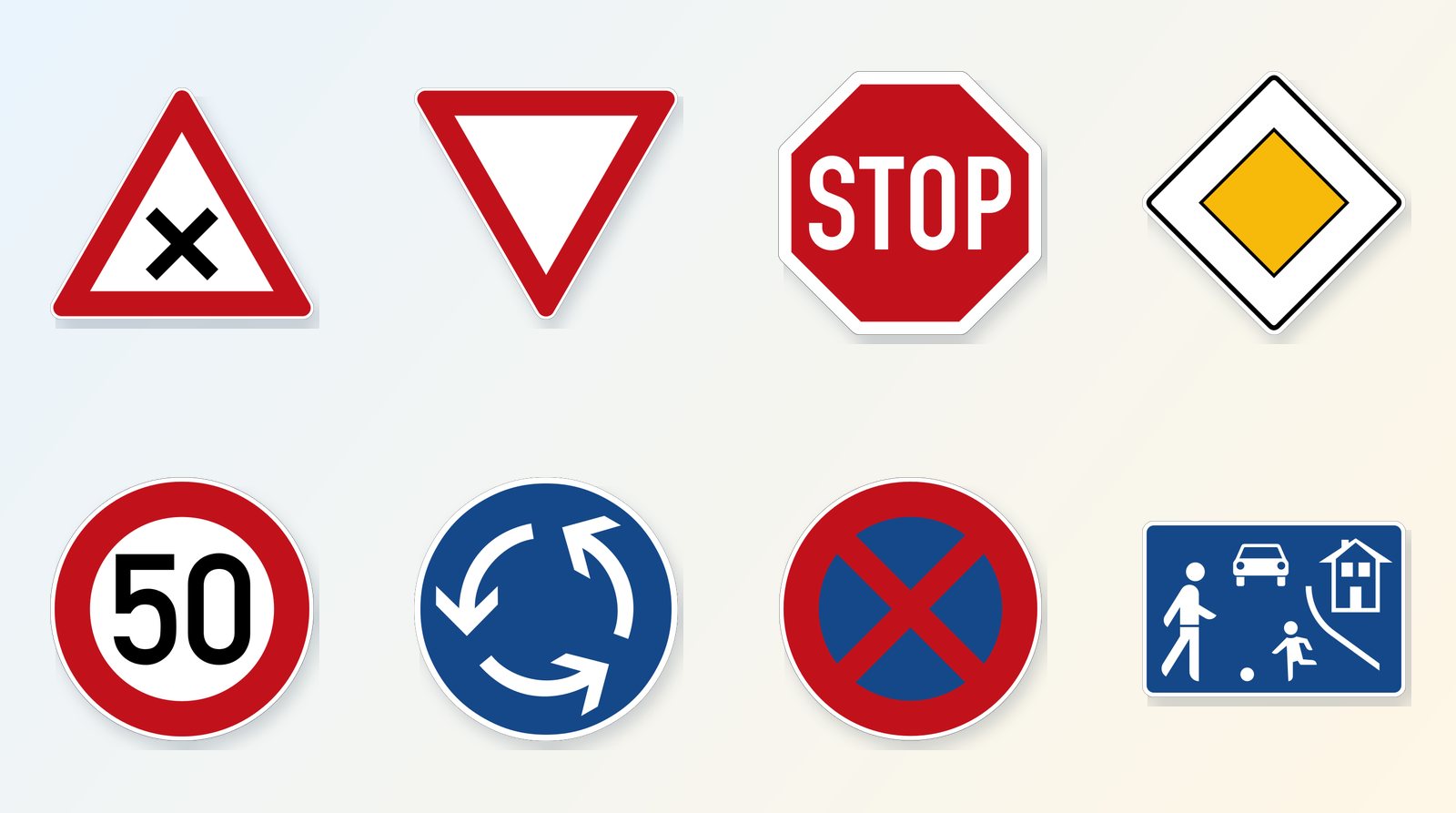 Acht wichtige Verkehrszeichen: Kreuzung mit Vorfahrt von rechts, Vorfahrt gewähren, Stop, Vorfahrtstraße, Tempo 50, Kreisverkehr, absolutes Haltverbot und verkehrsberuhigter Bereich